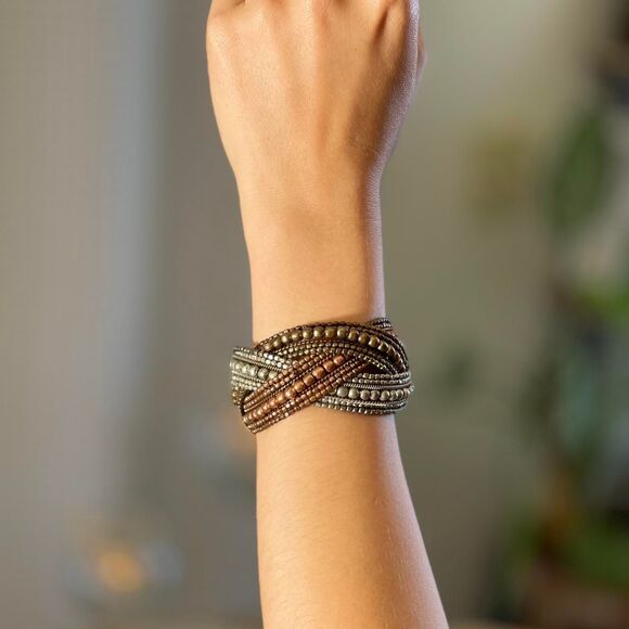 Vintage Boho Bronze Beaded Wrap Cuff Bracelet Multistrand Metal Festival Jewelry - Picture 2 of 8